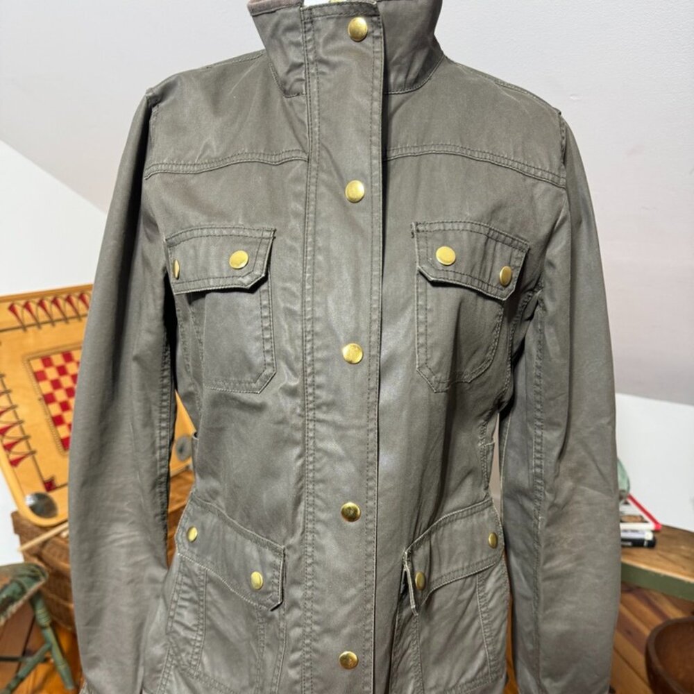 J.Crew Waxed Cotton Jacket – Iconic Preppy Styling, Dark Green, Gold Tone Snap C
